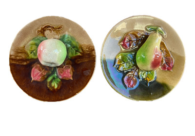 Pair French Majolica Plates Onaing Signed Barbotine Fruit 19th Century