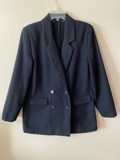 Women's Black Double Breasted Collared Blazer Jacket Lined Pockets Mid-Length