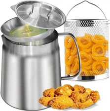 Stainless Steel Deep Fryer Pot with Basket & Oil Strainer 2L(68OZ) Frying Pot fo
