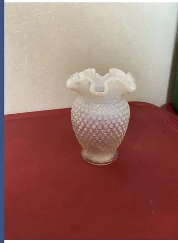 Vintage Glass Hobnail White Ruffled Vase 6in H 4 1/2 D.