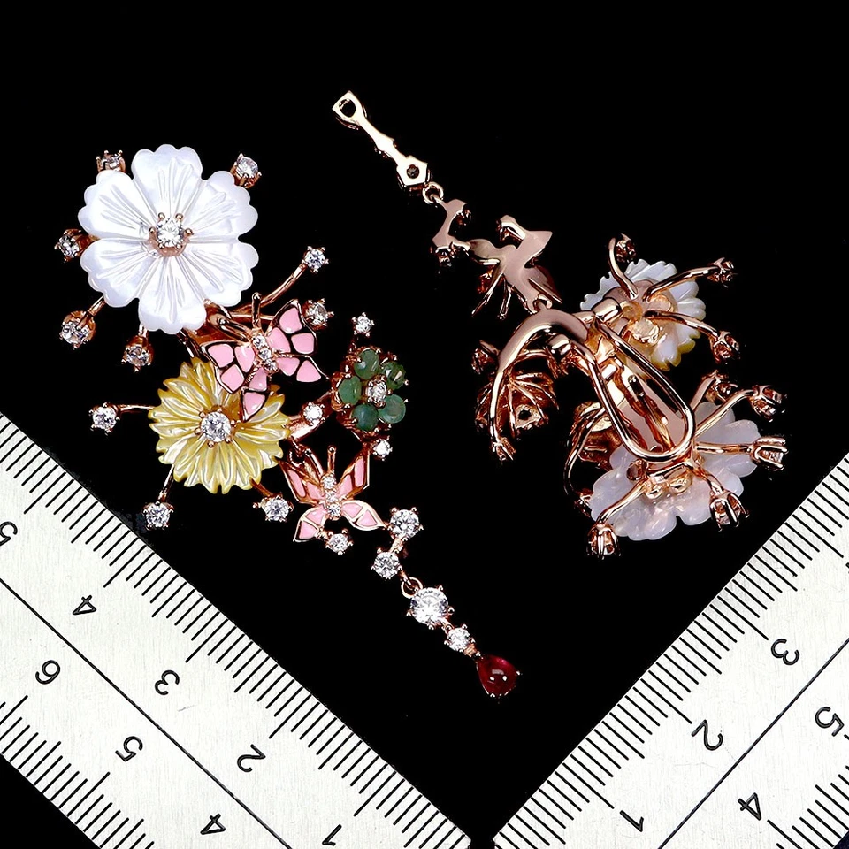 Black Friday 925 Sterling Silver Earrings Ruby 4x3mm Emerald Mop Enamel Flower - Image 3 of 4