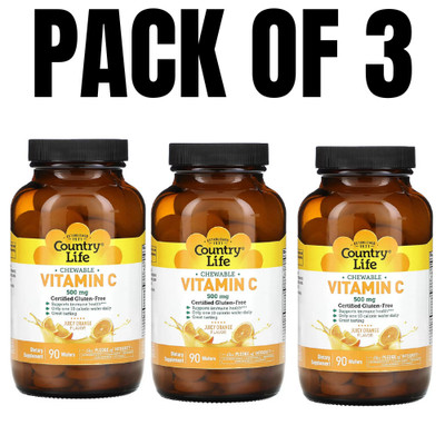 Country Life Vitamin C Chewable   Juicy Orange   500 mg   90 Wafers (Pack of 3)