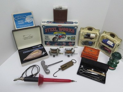 Vintage Stuff From Dad's Junk Drawer Flask, Tools, Models, Parts, Reels & More