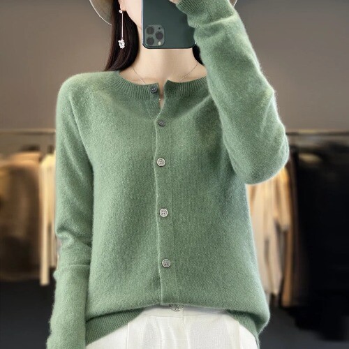 Merino Wool Long Sleeve Knitted Cashmere Sweater Ladies Knitted O-neck Cardigan - Picture 35 of 39