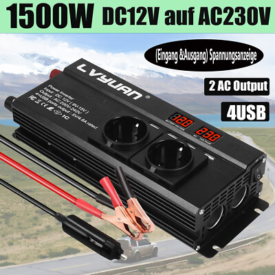 700W 1500W Spannungswandler DC 12V auf AC 230V Wechselrichter 4USB 2AC Schwarz