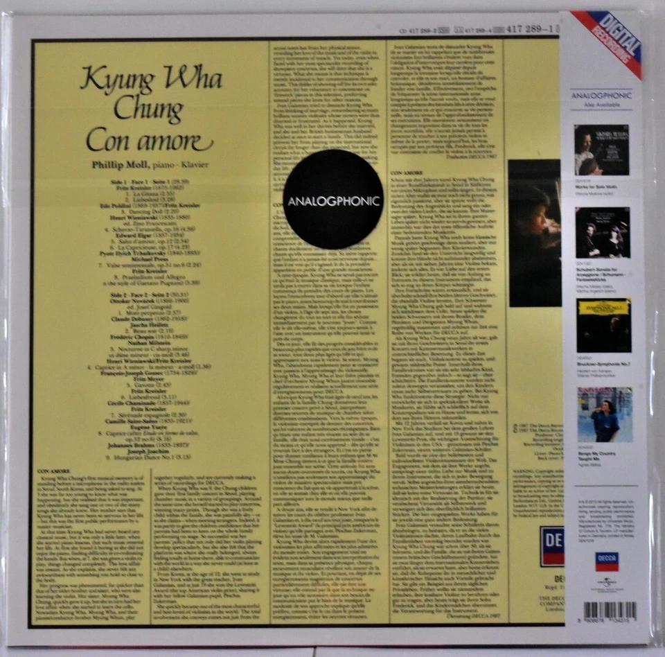 ANALOGPHONIC-DECCA KYUNG WHA CHUNG "Con Amore" 180g LIMITED FACTORY SEALED - Image 2 of 2