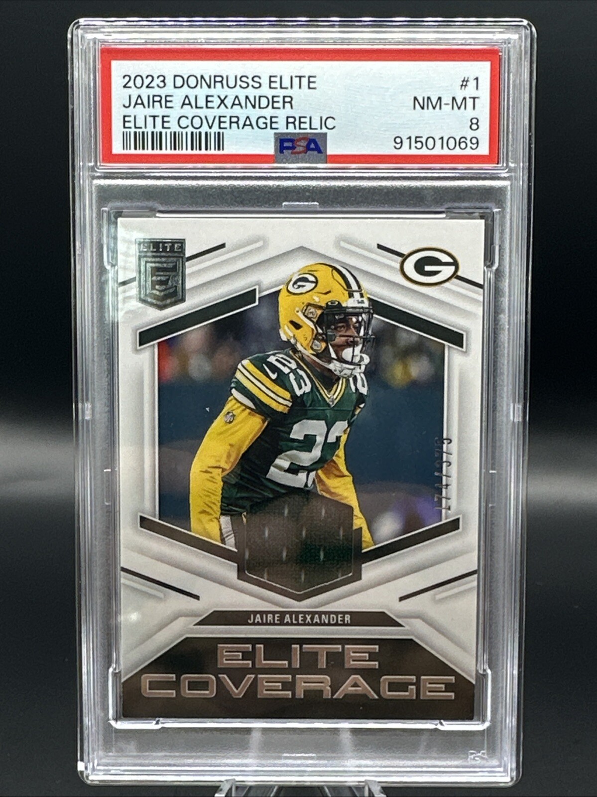 2023 Donruss Elite Coverage Relic 174/375 Jaire Alexander #1 PSA 8 Packers
