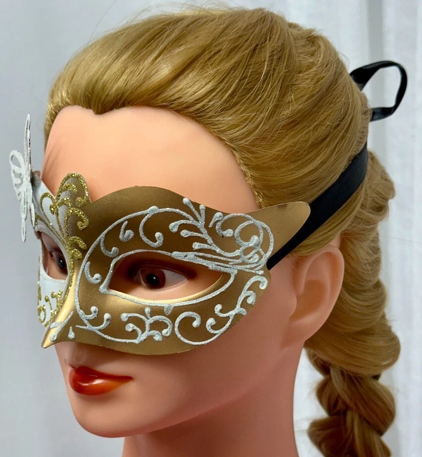Máscara, Adulto, Disfraz, Mascarada, Burlesque, Fiesta, Blanco/Dorado, Mariposa PP021 Foto 4 de 4