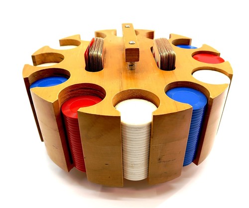 Vintage PLA-WOOD Plastic Poker Chips inside a Round Rotating Wooden Holder Case