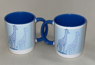 Giraffe Blue & White Set Of 2 Mug Mugs Ceramic 4 Inch