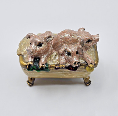 * WOW! VINTAGE THREE PIGS IN MUD BATH BEJEWELED HINGED TRINKET BOX *