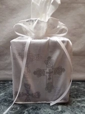 Easter Silver crosses on white cotton fabric handmade, square tissue box cover
