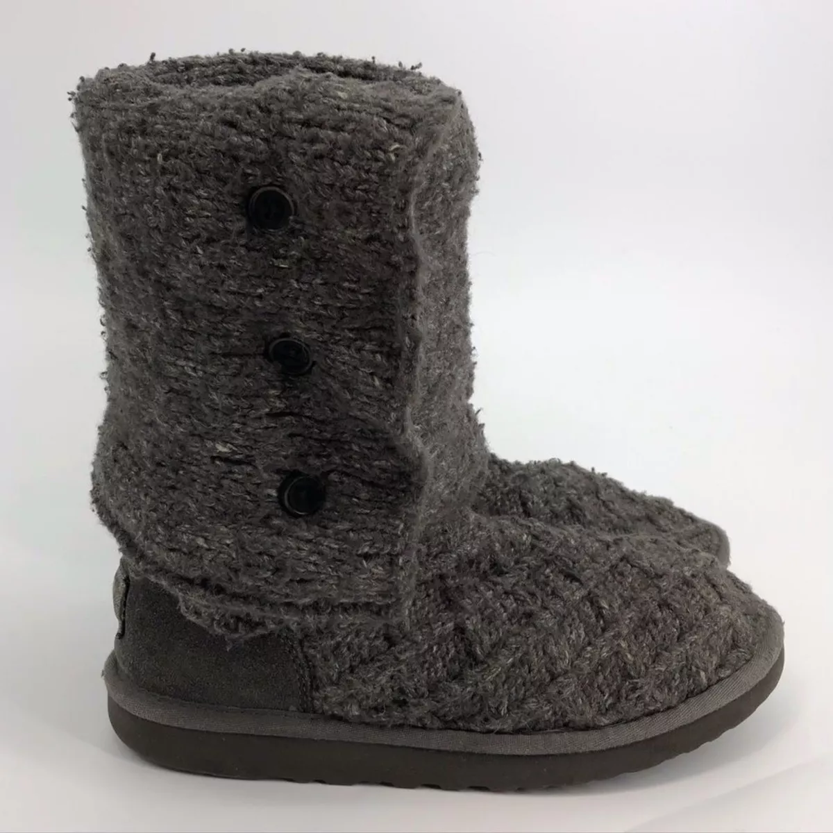 Ugg Boots Womens 7 Grey Lattice Cardy Pull on Foldover Buttons Winter