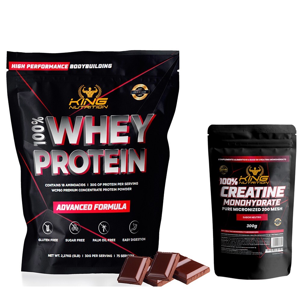100% WHEY PROTEIN 2.27kg KING NUTRITION Proteina Chocolate+Creatina 300g