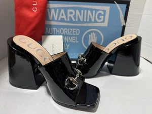 Sandales à talons hauts Gucci US 7 EU 37 Horsebit cuir verni noir boîte à glissières neuves