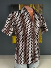 Vintage 1970s Disco Joel Cal Made Mens Brown Cane Polyester Short Sleeve Shirt M