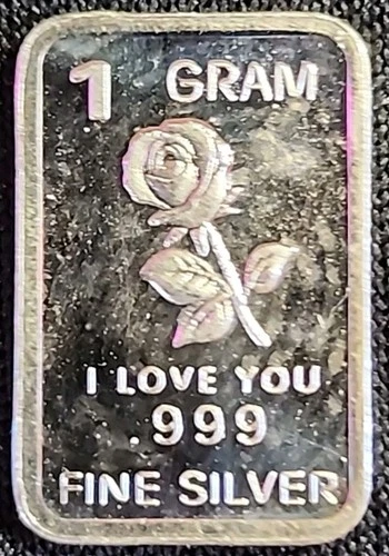 1 Gram .999 Fine Silver Art Bar Ingot. I Love You Rose. Fun Dip In To Investing!