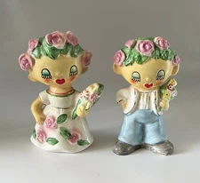  Lipper & Mann Salt & Pepper Shakers ~ Head Vase 4" Tall Pink Roses Boy Girl Set
