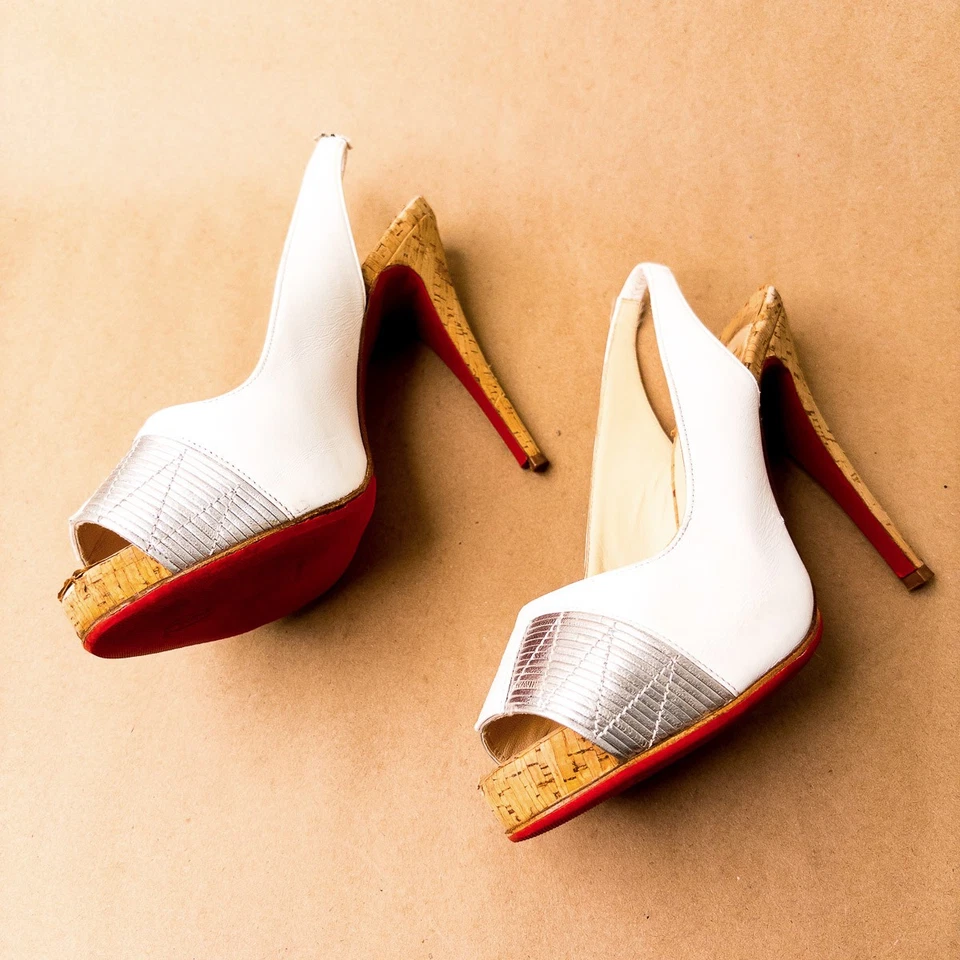 Christian Louboutin Moyen Prive Blanco Plata Corcho Tacones Talla 7 37 Boda Foto 2 de 4
