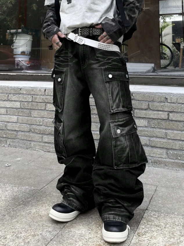 Black Cargo Jeans – Baggy Wide Leg Denim Pants | Streetwear Utility Pockets Y2K - Image 2 of 4