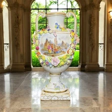Antique Carl Thieme at Potschappel porcelain urn Hand Painted W/Applied Flowers