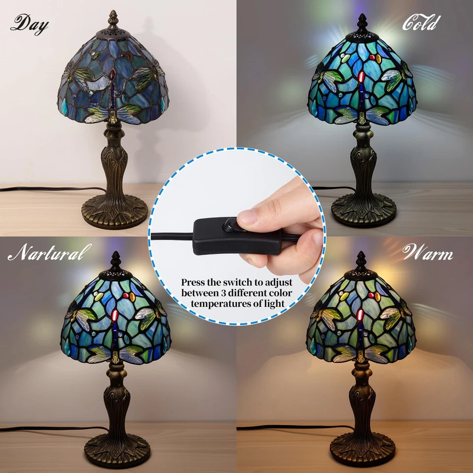 小号蒂芙尼台灯 3 色温度蜻蜓彩色玻璃灯 8 英寸... — 第 2/4 张图片