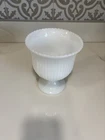 Vintage Milk Glass Pedestal Compote Vase – Ribbed Scalloped Rim Footed Bowl