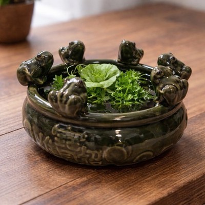 vintage ceramic 6 frog planter or bowl, a majolica piece.