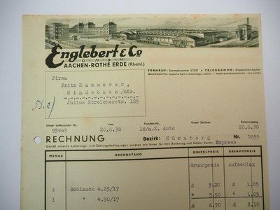 Invoice Englebert GmbH Aachen Rothe Erde Gummiwerk 1938