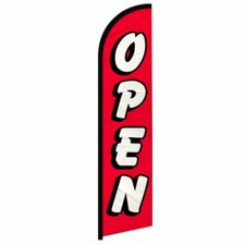 Open Full Curve Windless Swooper Flag Now Open RD/WT 100D FABRIC