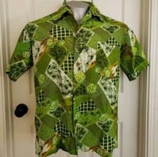 Vintage Hawaiian Hawaii Aloha Kamehameha Button Shirt L Green Geometric