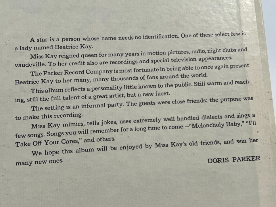 BEATRICE KAY HAVING A PARTY USED VINYL LP RECORD COMEDY HUMOR CP PARKER