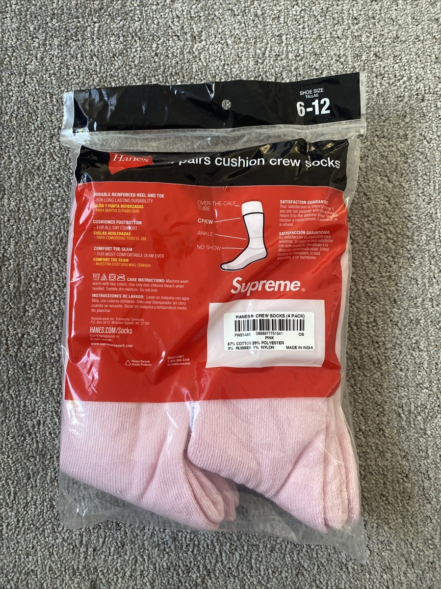 Supreme Hanes Crew Socks (4 Pack) Pink Size 6-12 FW21 Brand Supreme Hanes Crew Socks (4 Pack) Pink Size 6-12 FW21 Brand