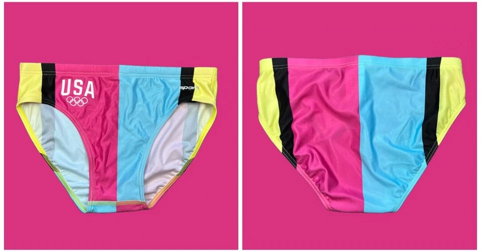 Equipo EE. UU. Estampado Personalizado Para Hombres Pop Splash Rosa Azul Rayas Calzoncillo de Natación Traje de Baño Foto 3 de 4