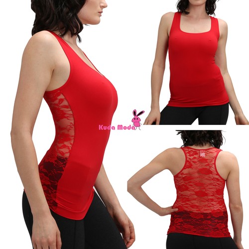 Hot Racer Back Tank Top w/Back Rose Floral Lace Cami Shirt Slimming Mesh T-Shirt - Picture 8 of 20