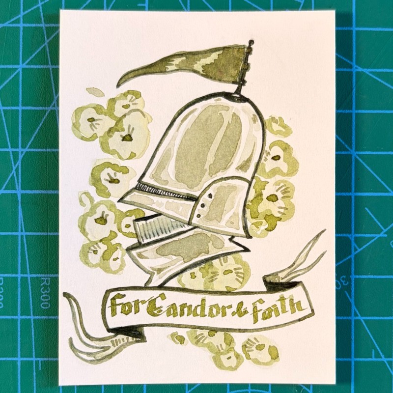 ACEO Original Watercolor Medieval Knight Helmet Banner Flowers 3.5x2.5"