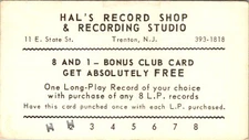 Hal's Record Shop Trenton NJ 1950s Bonus Club Loyalty Punch Card