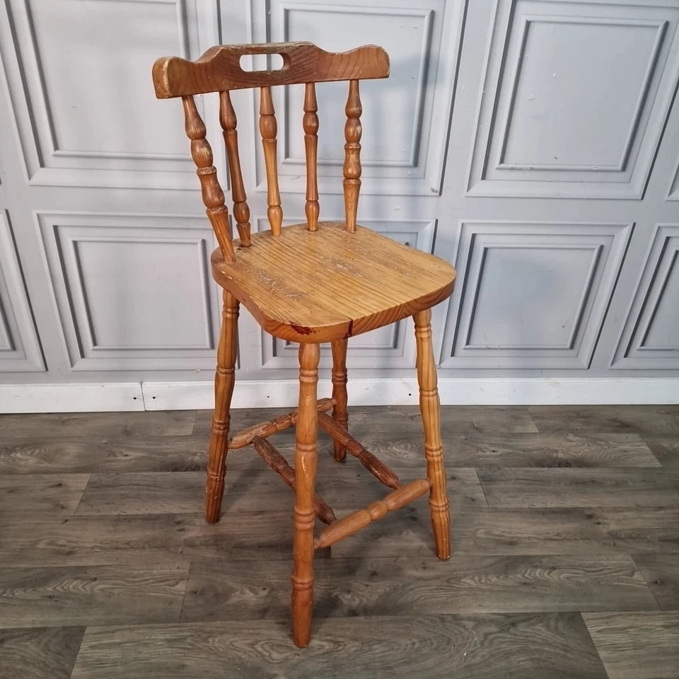 Vintage Wooden Bar Stool – Turned Rustic Pine Kitchen Breakfast Tall Chair Retro - Image 2 of 4