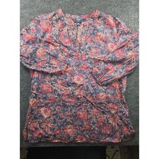 Chaps Denim Petite Floral Tunic Blouse Navy Red Cotton Tie Waist PL