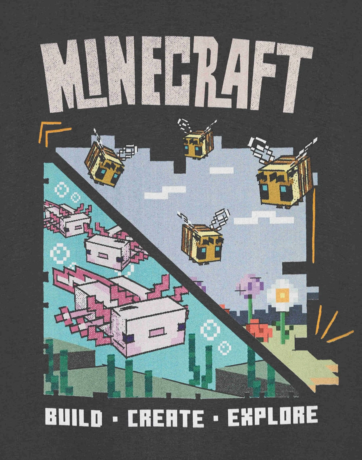 Minecraft Grey Build Create Explore Short Sleeved T-Shirt Girls