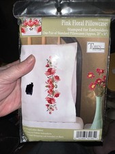 Tobin Crafts "PINK FLORAL  White Stamped Pillowcases Embroidery T232185 USA