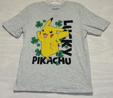 Pokemon Pikachu Lucky Shamrock Graphic T Shirt Youth XXL 18 Gray St Patricks