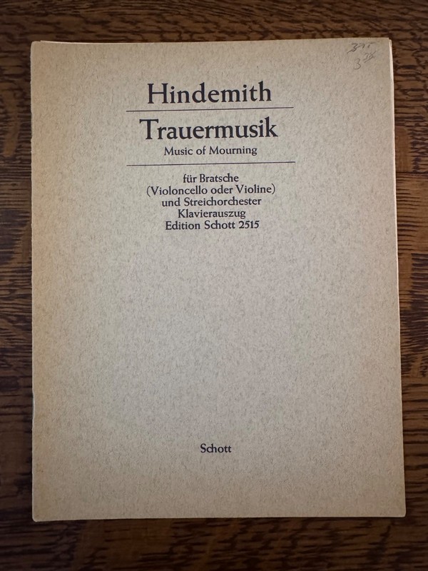 Hindemith Trauermusik for Viola and Piano - New part/score - FREE SHIPPING!