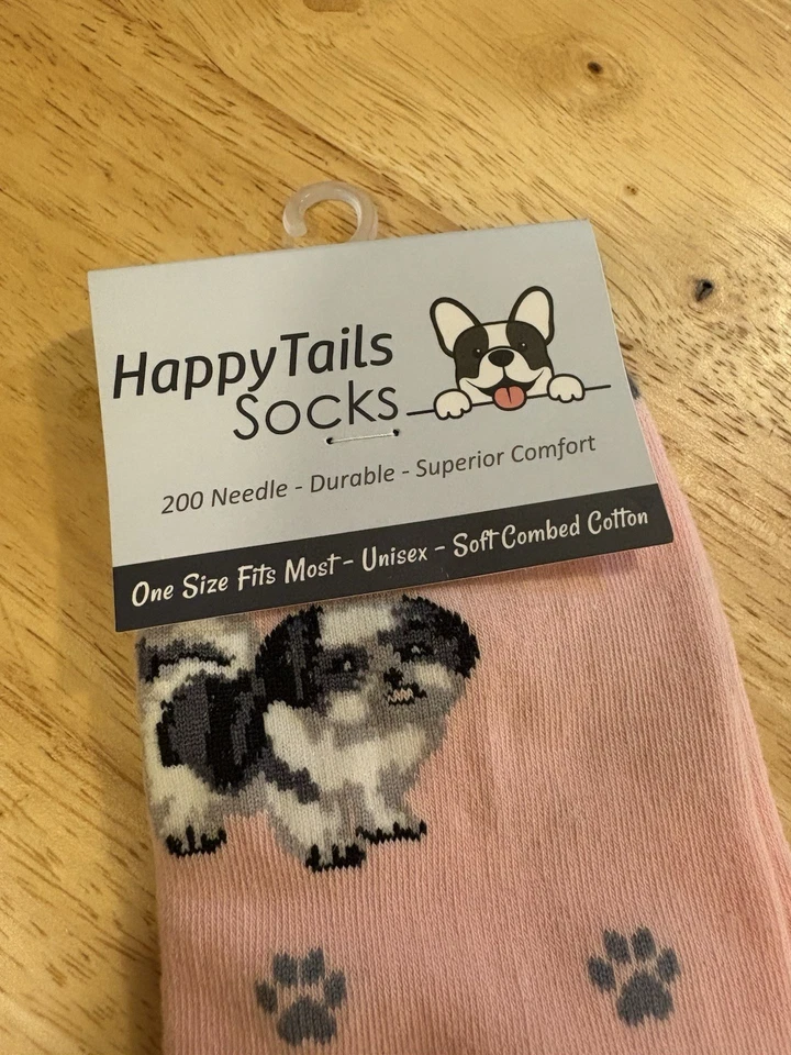 全新带标签 Happy Tails 袜 小腿 长度 粉色 黑白 Shih Tzu 狗 可爱 — 第 3/4 张图片
