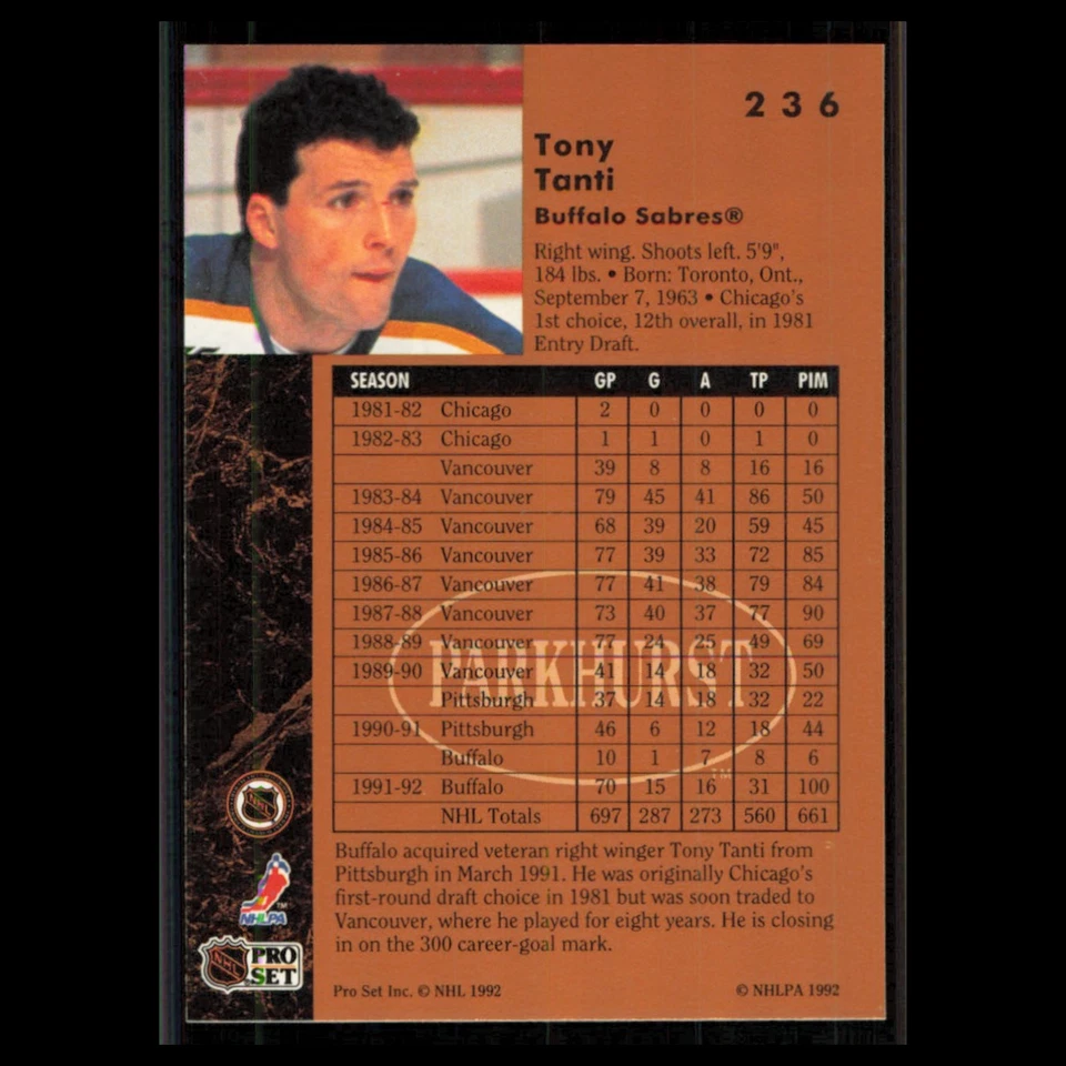 Tony Tanti #236 1991 Parkhurst Buffalo Sabres Hockey Card NHL NM - Image 2 of 3