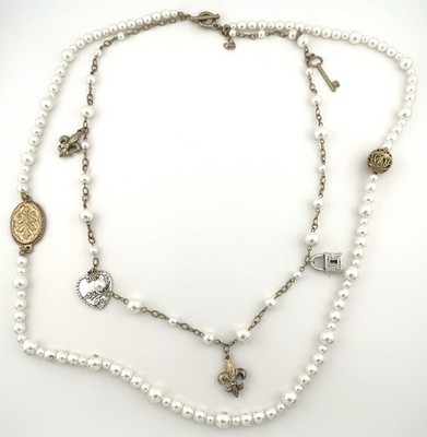 Pearl Charm Necklace Key Heart Fleur De Lis Long Statement Layered Vintage 28 in