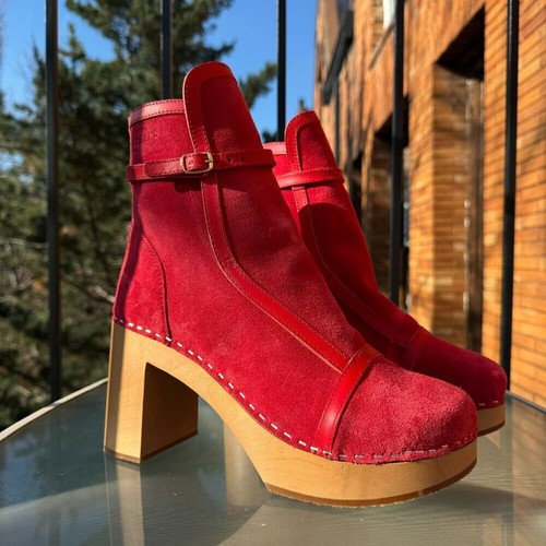 New Swedish Hasbeens Sophisticated Jodhpur Sophia Heeled Clog Boot in Red Sz 10 - Picture 2 of 11