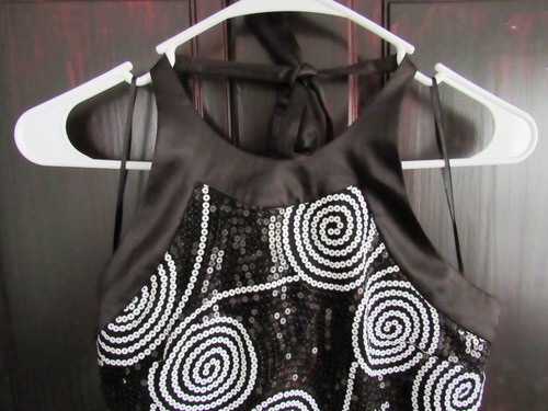 CACHE BLACK & WHITE SWIRL SEQUIN  HALTER PARTY DRESS SIZE 4 - RETRO / VINTAGE - Picture 5 of 7