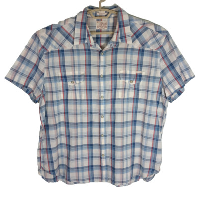 Lucky Brand Wester Pearl Snap Shirt Mens XXL  Red White Blue Plaid Short Sleeve