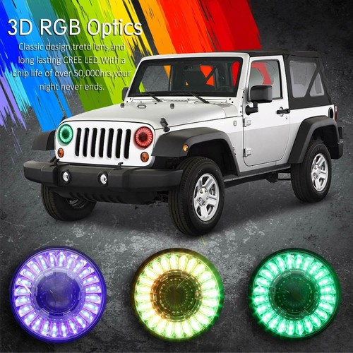 Faros 7" 3D LED RGB Halo DRL bombillas ojo de ángel para Jeep Wrangler 2007-2017 JK - Imagen 9 de 12